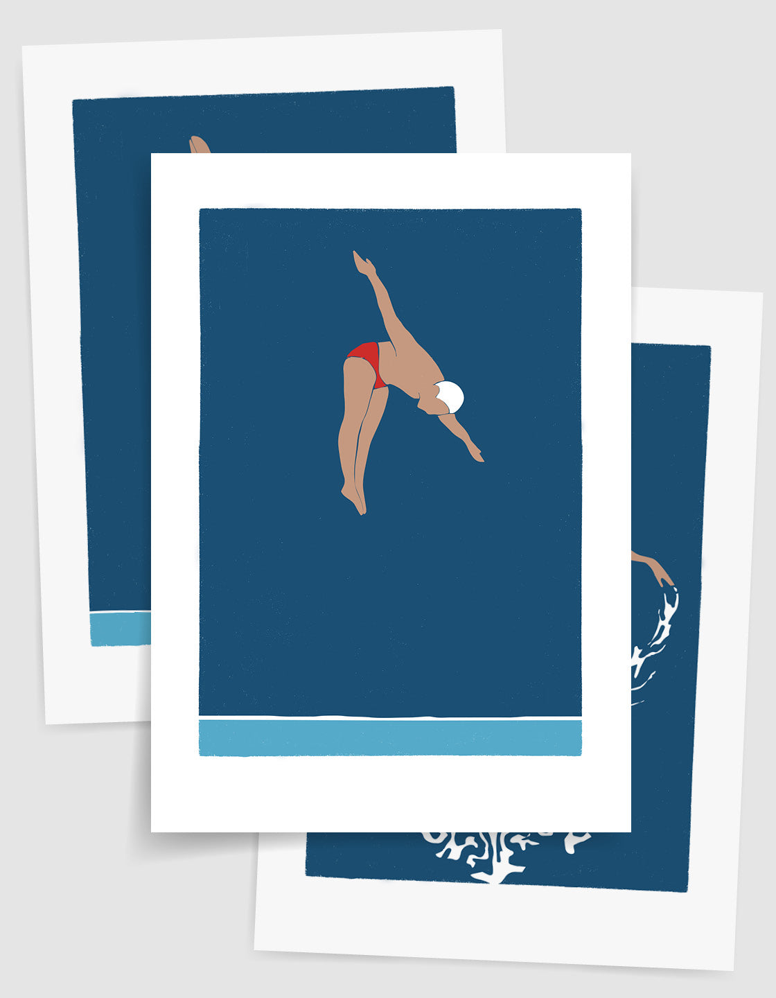 Gallery wall set featuring three art deco inspired diving man prints in bold and minimal design.