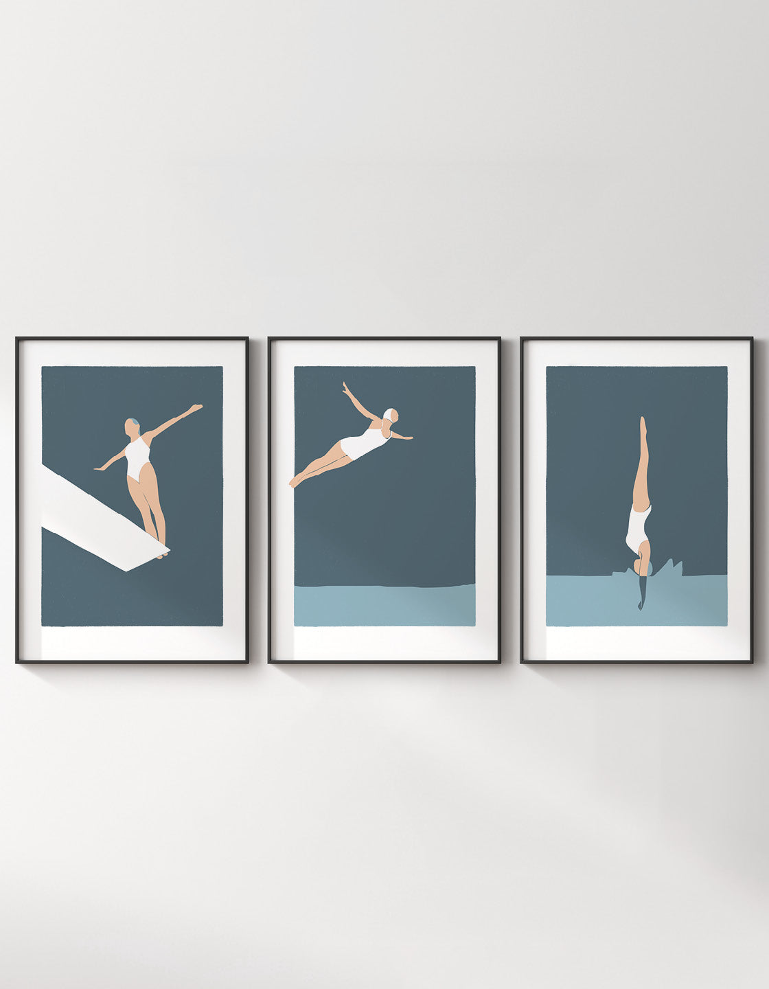 A set of three art deco prints featuring elegant diving women, showcasing minimal designs that add retro charm to any decor.