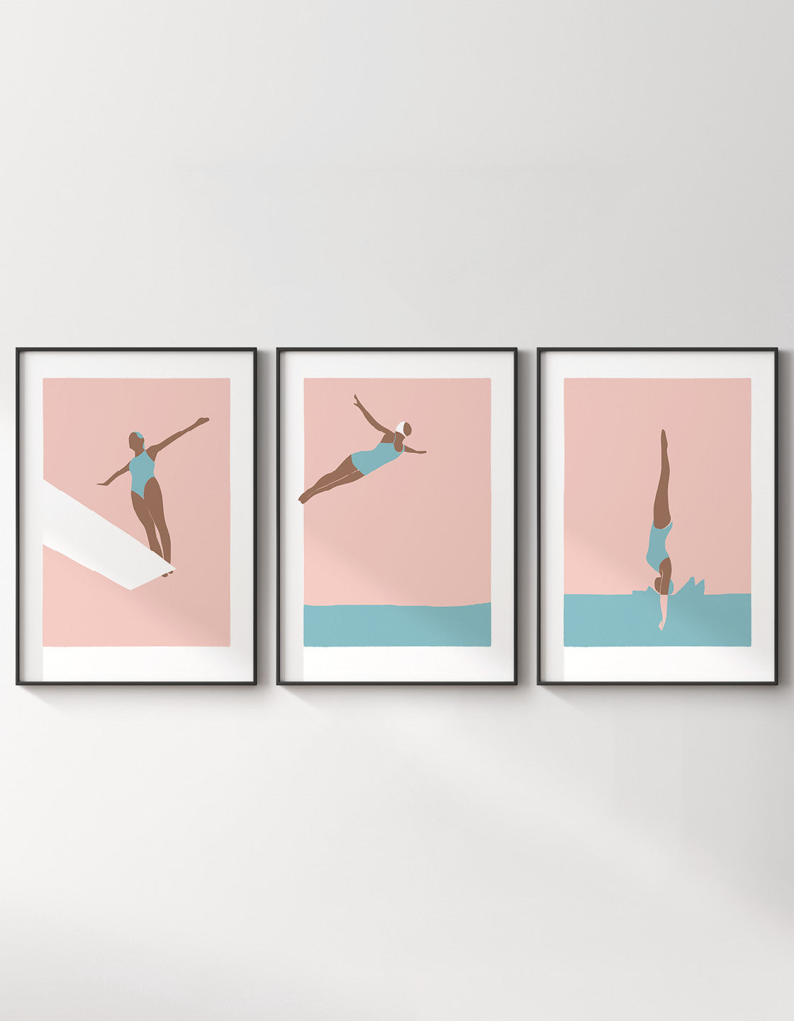 A set of three art deco prints featuring elegant diving women, showcasing minimal designs that add retro charm to any decor.