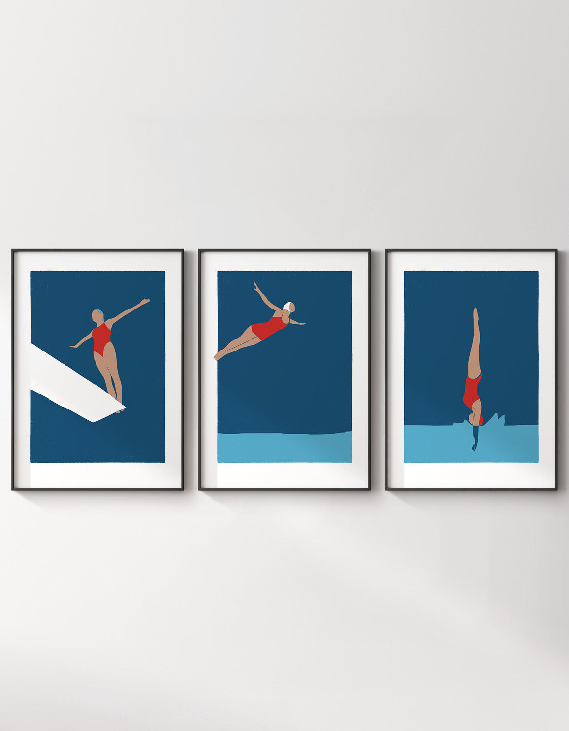 A set of three art deco prints featuring elegant diving women, showcasing minimal designs that add retro charm to any decor.