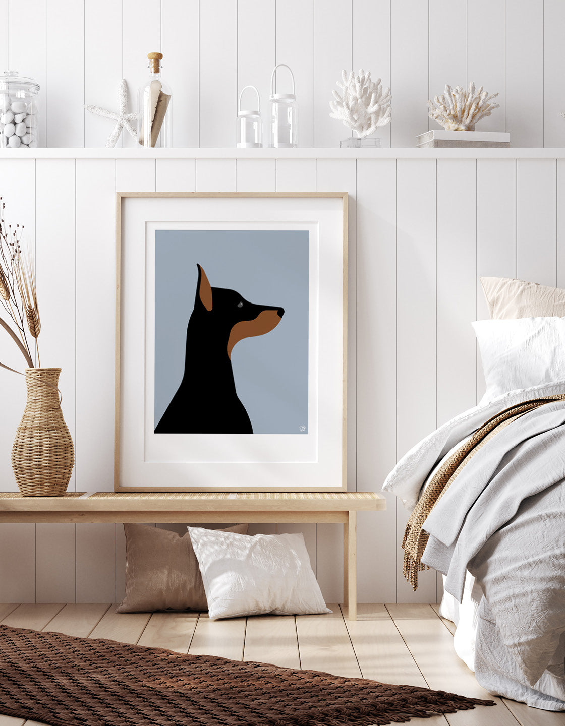 A playful Doberman named Dina, showcasing her sleek coat and friendly demeanor.