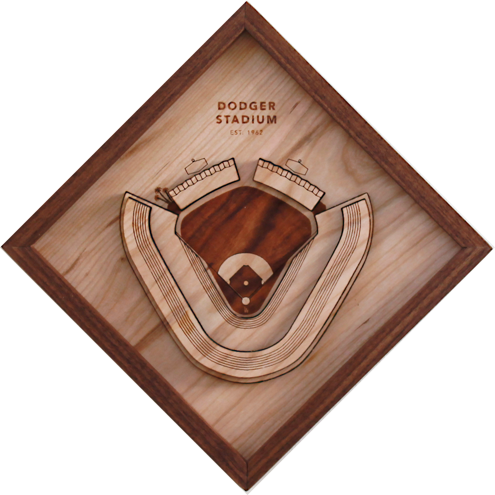 A detailed wooden replica of Dodger Stadium featuring palm trees and a black walnut frame, perfect for Dodgers fans.