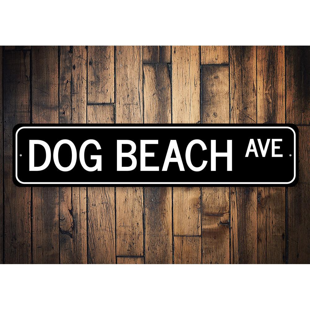 A decorative Dog Beach Avenue Sign made of high-quality aluminum, featuring vibrant colors and a beach-themed design, perfect for home decor.