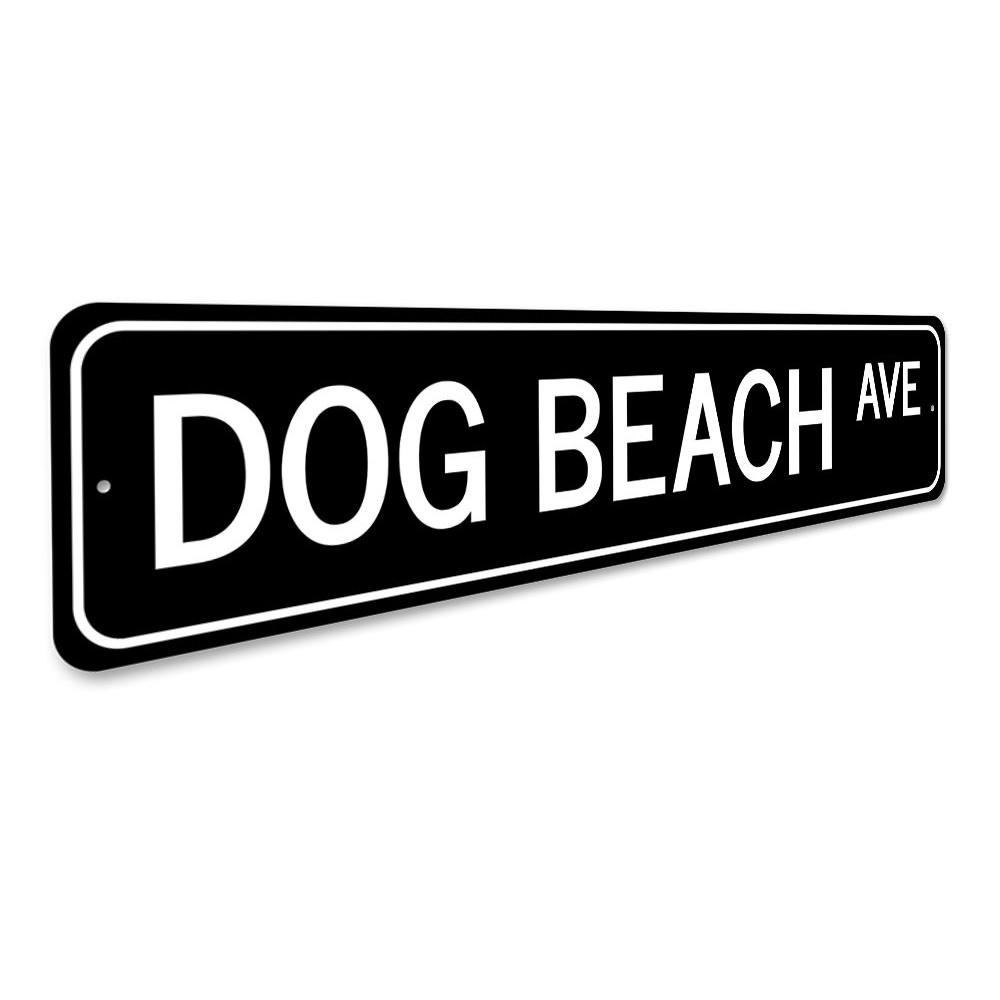 A decorative Dog Beach Avenue Sign made of high-quality aluminum, featuring vibrant colors and a beach-themed design, perfect for home decor.