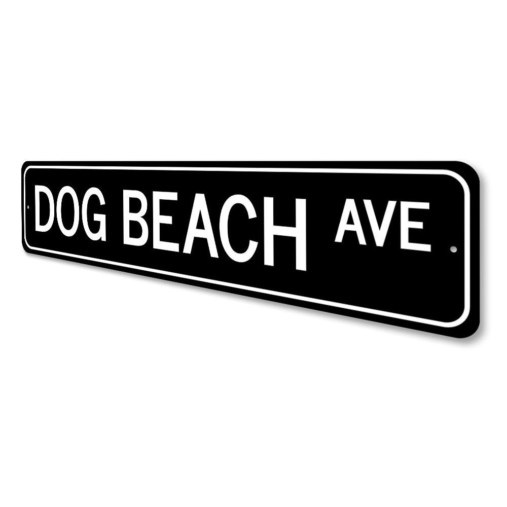 A decorative Dog Beach Avenue Sign made of high-quality aluminum, featuring vibrant colors and a beach-themed design, perfect for home decor.