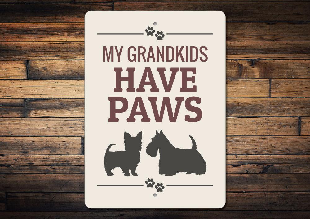 Custom Dog Grandkids Sign made of high-quality aluminum, featuring personalized text and pre-drilled holes for easy mounting.