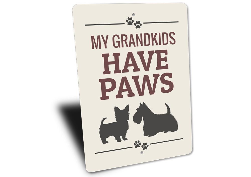 Custom Dog Grandkids Sign made of high-quality aluminum, featuring personalized text and pre-drilled holes for easy mounting.