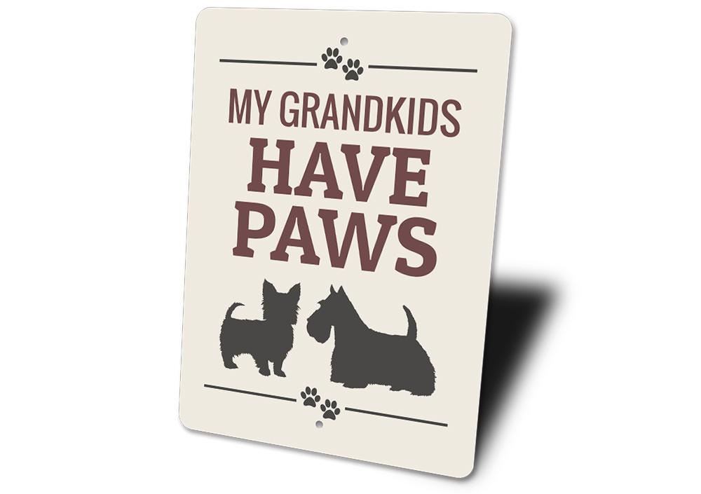 Custom Dog Grandkids Sign made of high-quality aluminum, featuring personalized text and pre-drilled holes for easy mounting.