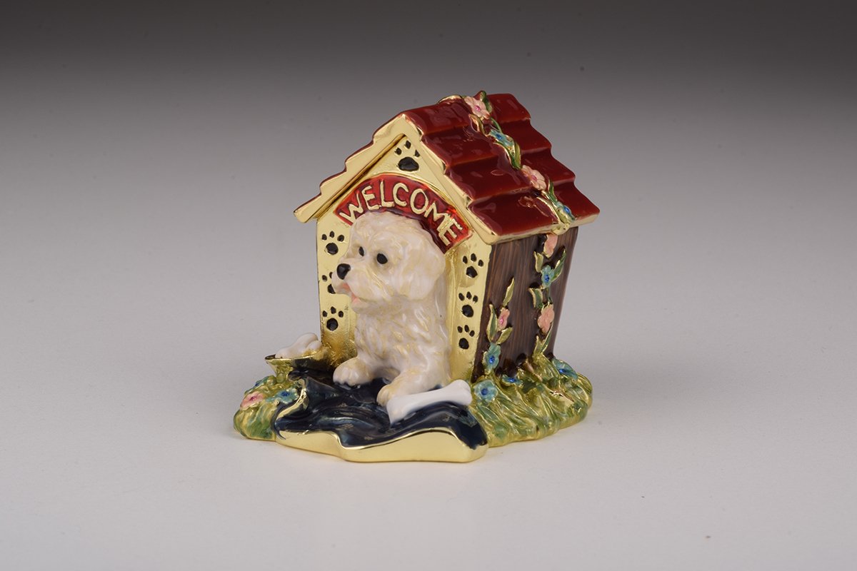 Handcrafted Dog in House trinket box with Austrian crystals and gold plating, elegantly designed for decorative storage.