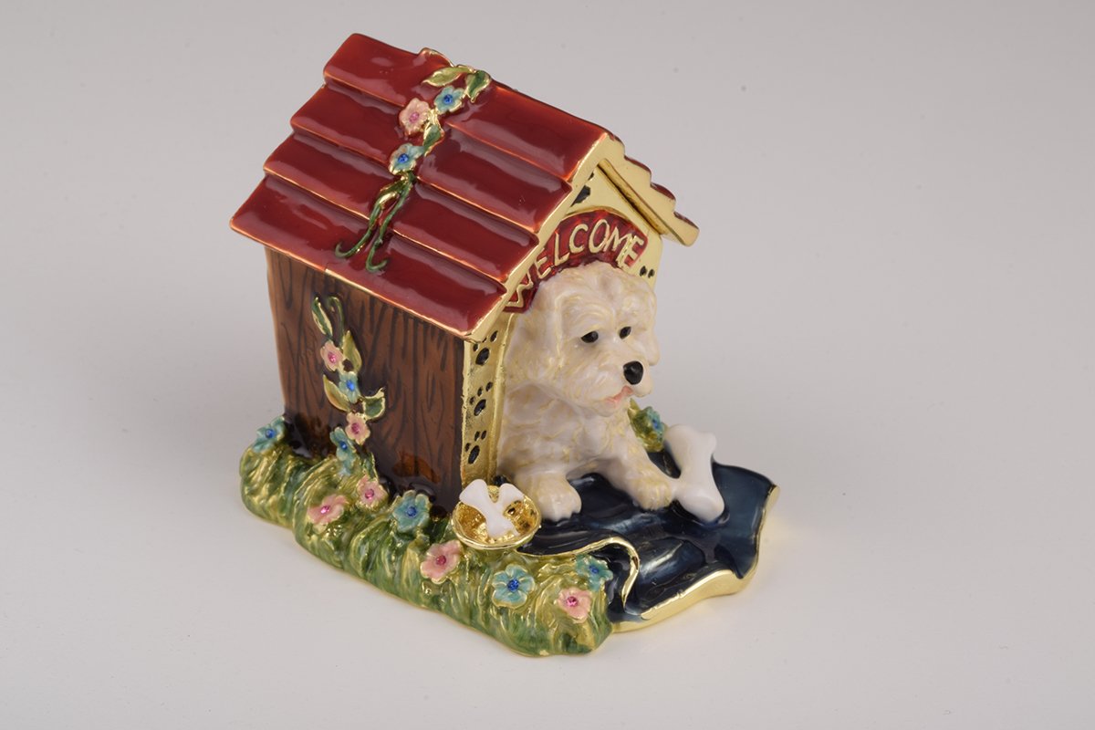 Handcrafted Dog in House trinket box with Austrian crystals and gold plating, elegantly designed for decorative storage.