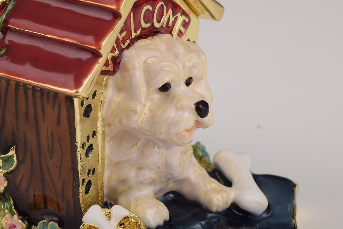 Handcrafted Dog in House trinket box with Austrian crystals and gold plating, elegantly designed for decorative storage.