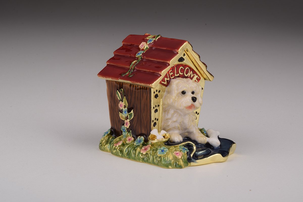 Handcrafted Dog in House trinket box with Austrian crystals and gold plating, elegantly designed for decorative storage.