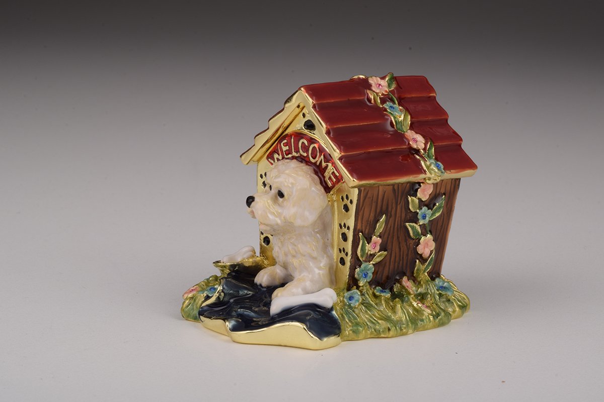 Handcrafted Dog in House trinket box with Austrian crystals and gold plating, elegantly designed for decorative storage.