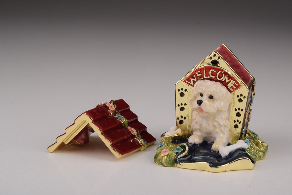 Handcrafted Dog in House trinket box with Austrian crystals and gold plating, elegantly designed for decorative storage.