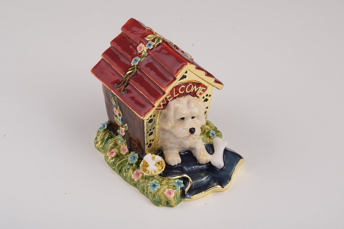 Handcrafted Dog in House trinket box with Austrian crystals and gold plating, elegantly designed for decorative storage.