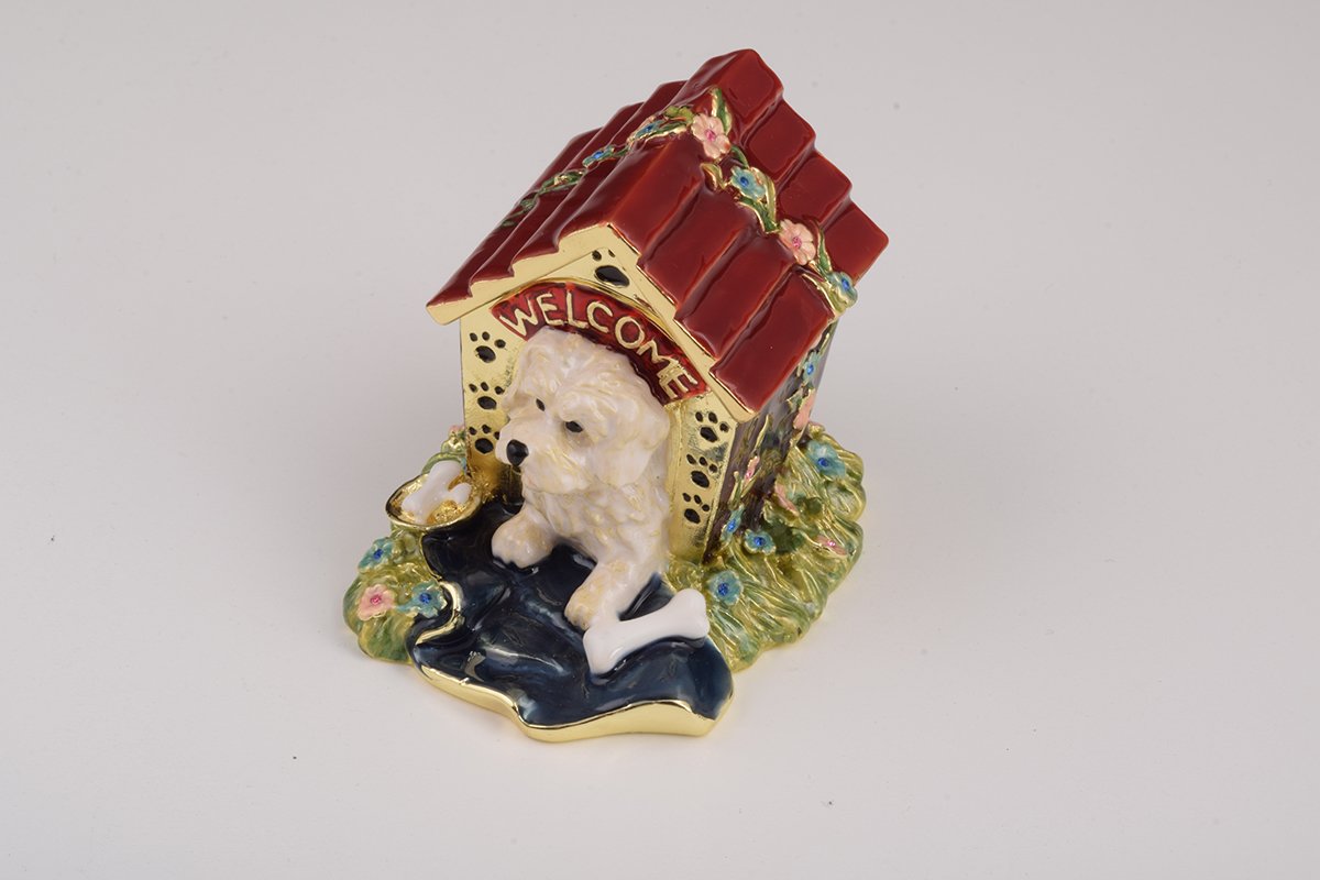 Handcrafted Dog in House trinket box with Austrian crystals and gold plating, elegantly designed for decorative storage.