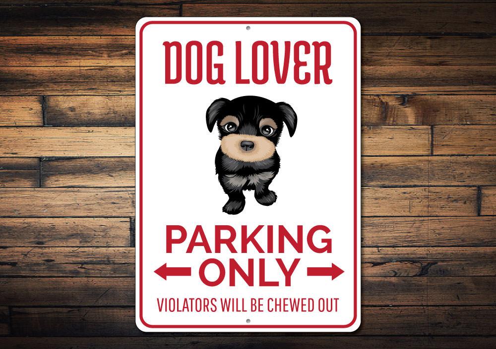 A colorful Dog Lover Parking Sign made of durable aluminum, featuring a playful dog graphic and customizable text options.