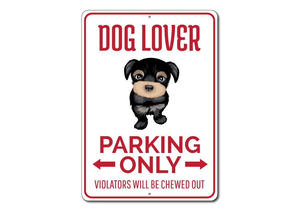 A colorful Dog Lover Parking Sign made of durable aluminum, featuring a playful dog graphic and customizable text options.