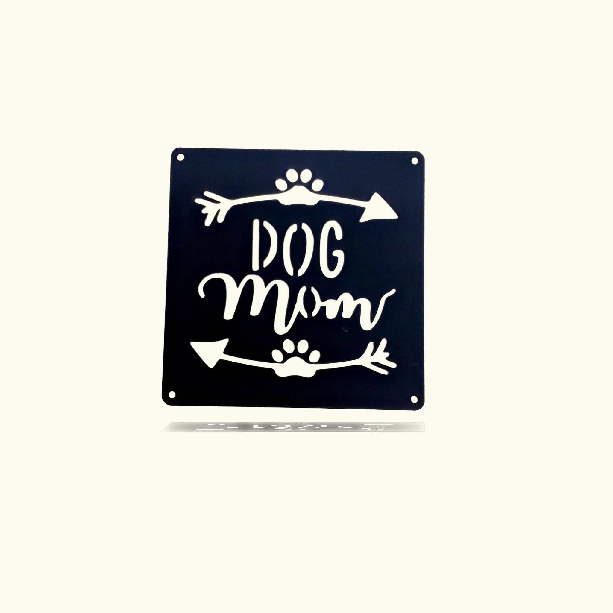 Stylish black metal wall art featuring the words 'Dog Mom', perfect for home decor.