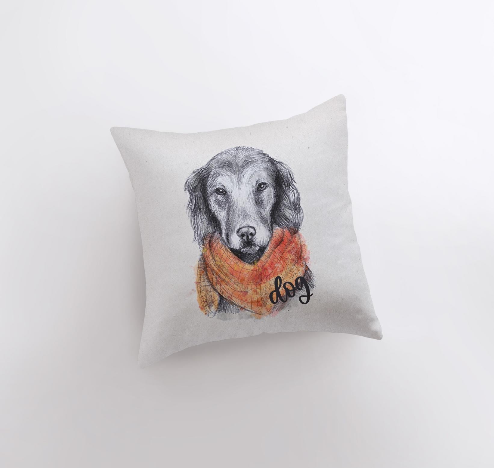 Handmade pillow cover featuring a pencil sketch of a dog with an orange scarf on a beige background.