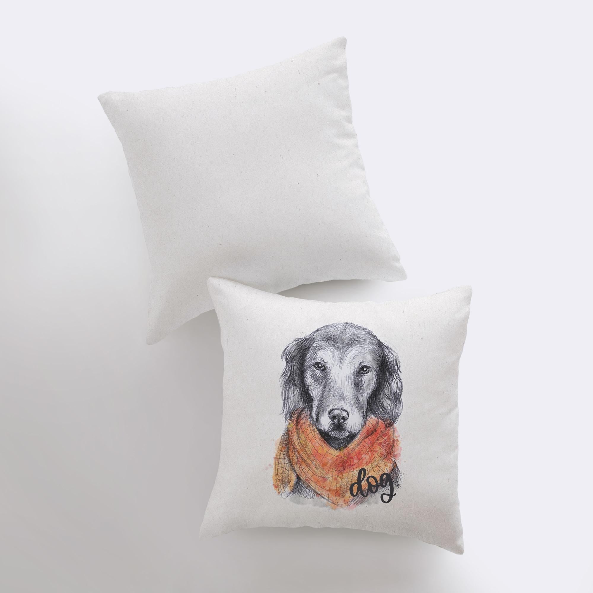 Handmade pillow cover featuring a pencil sketch of a dog with an orange scarf on a beige background.