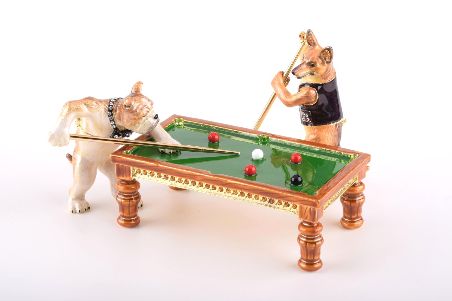 Handmade Dogs Playing Billiards trinket box featuring a Bulldog and Demiwolf on a pool table, adorned with Austrian crystals and gold plating.