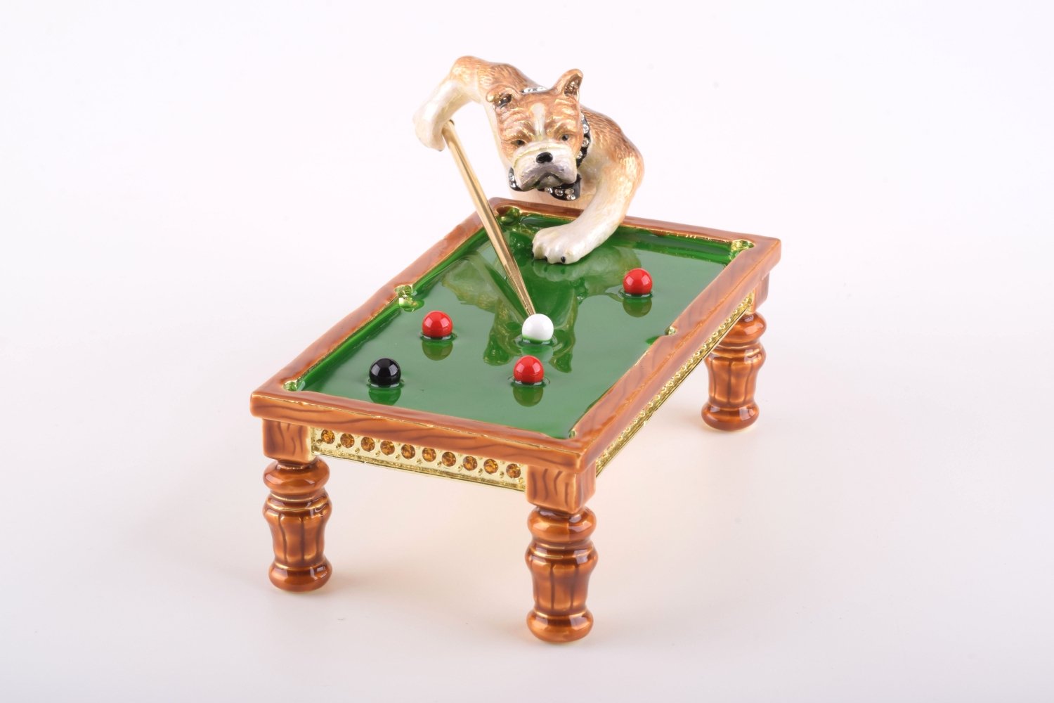 Handmade Dogs Playing Billiards trinket box featuring a Bulldog and Demiwolf on a pool table, adorned with Austrian crystals and gold plating.