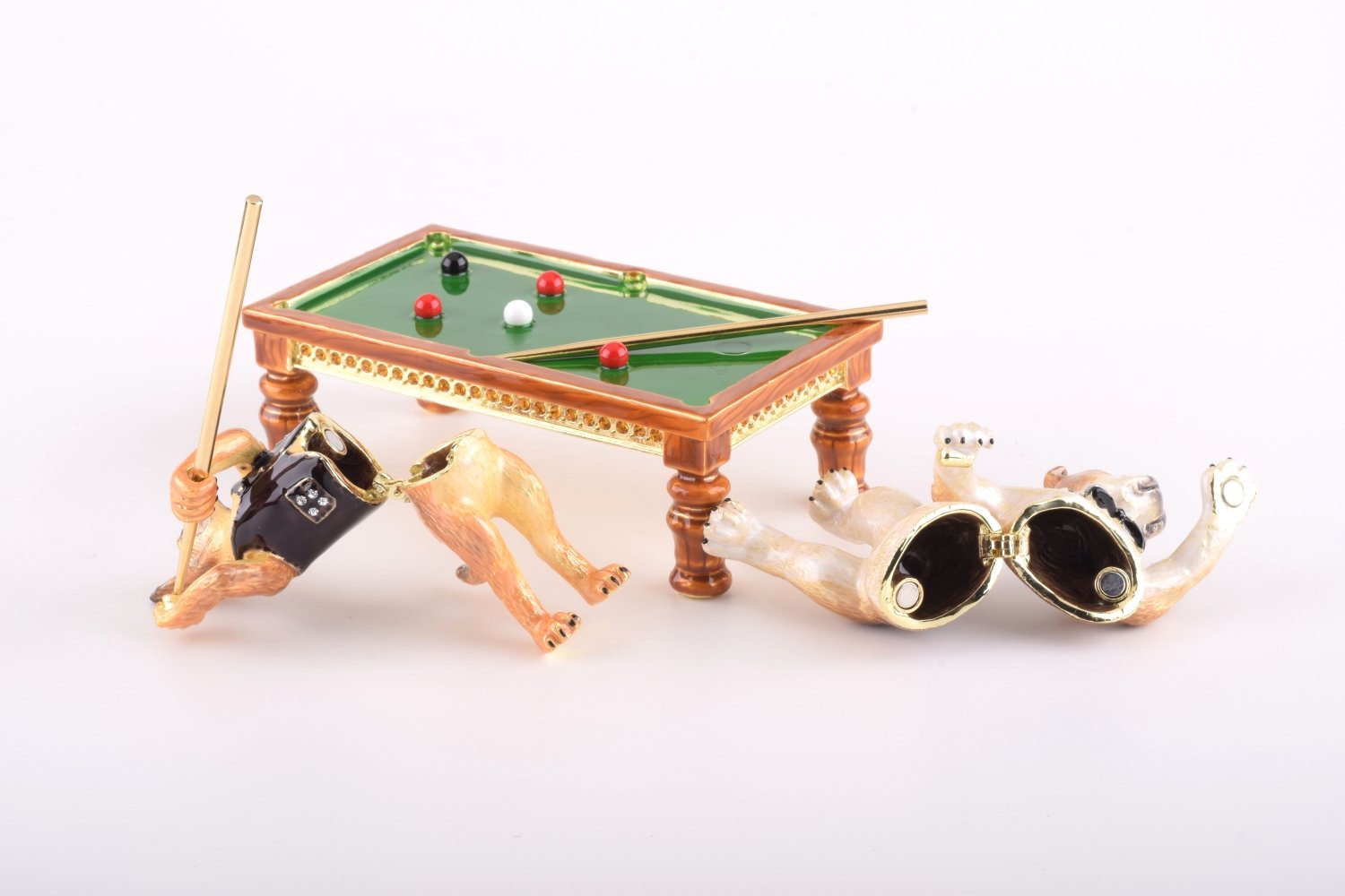 Handmade Dogs Playing Billiards trinket box featuring a Bulldog and Demiwolf on a pool table, adorned with Austrian crystals and gold plating.