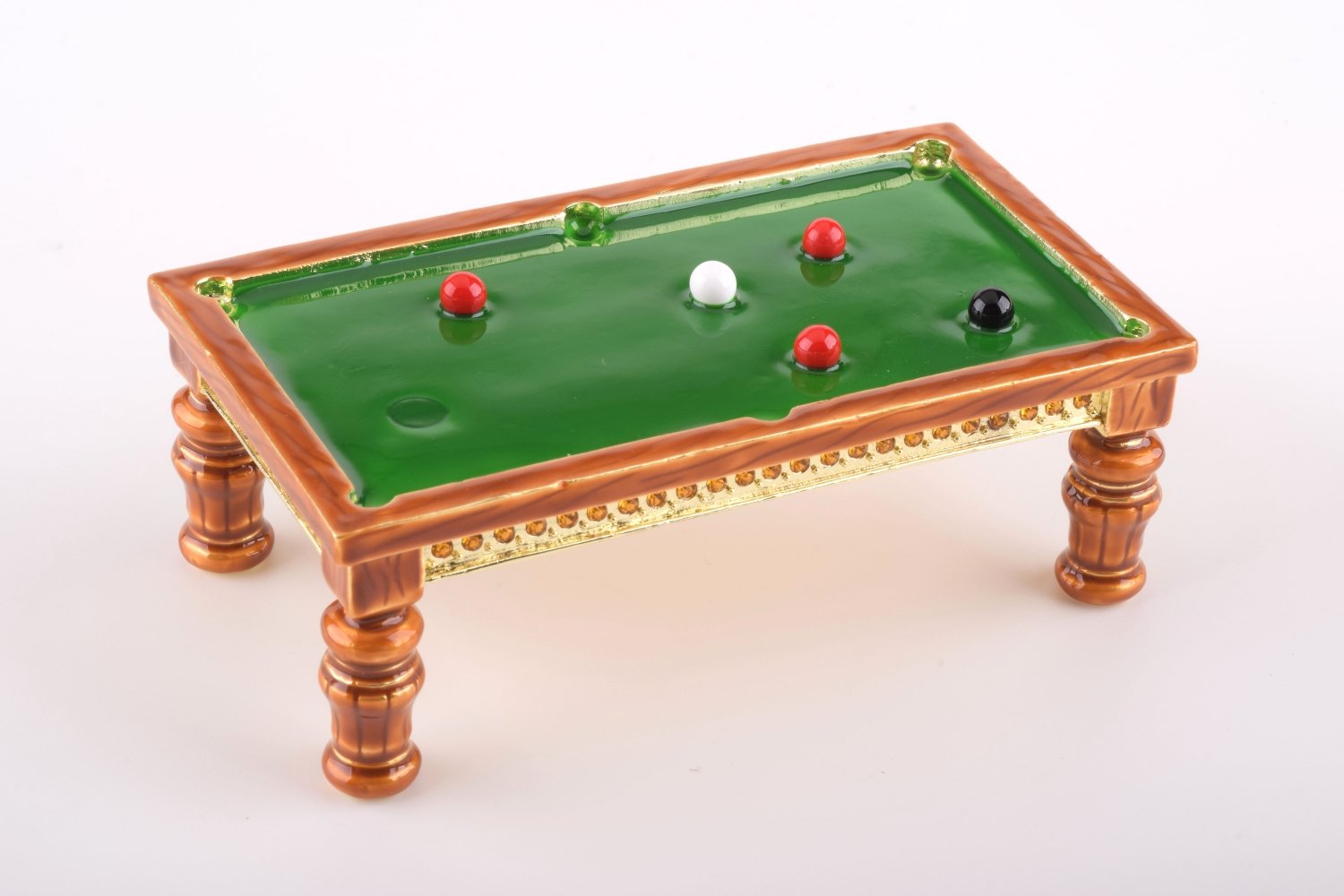 Handmade Dogs Playing Billiards trinket box featuring a Bulldog and Demiwolf on a pool table, adorned with Austrian crystals and gold plating.