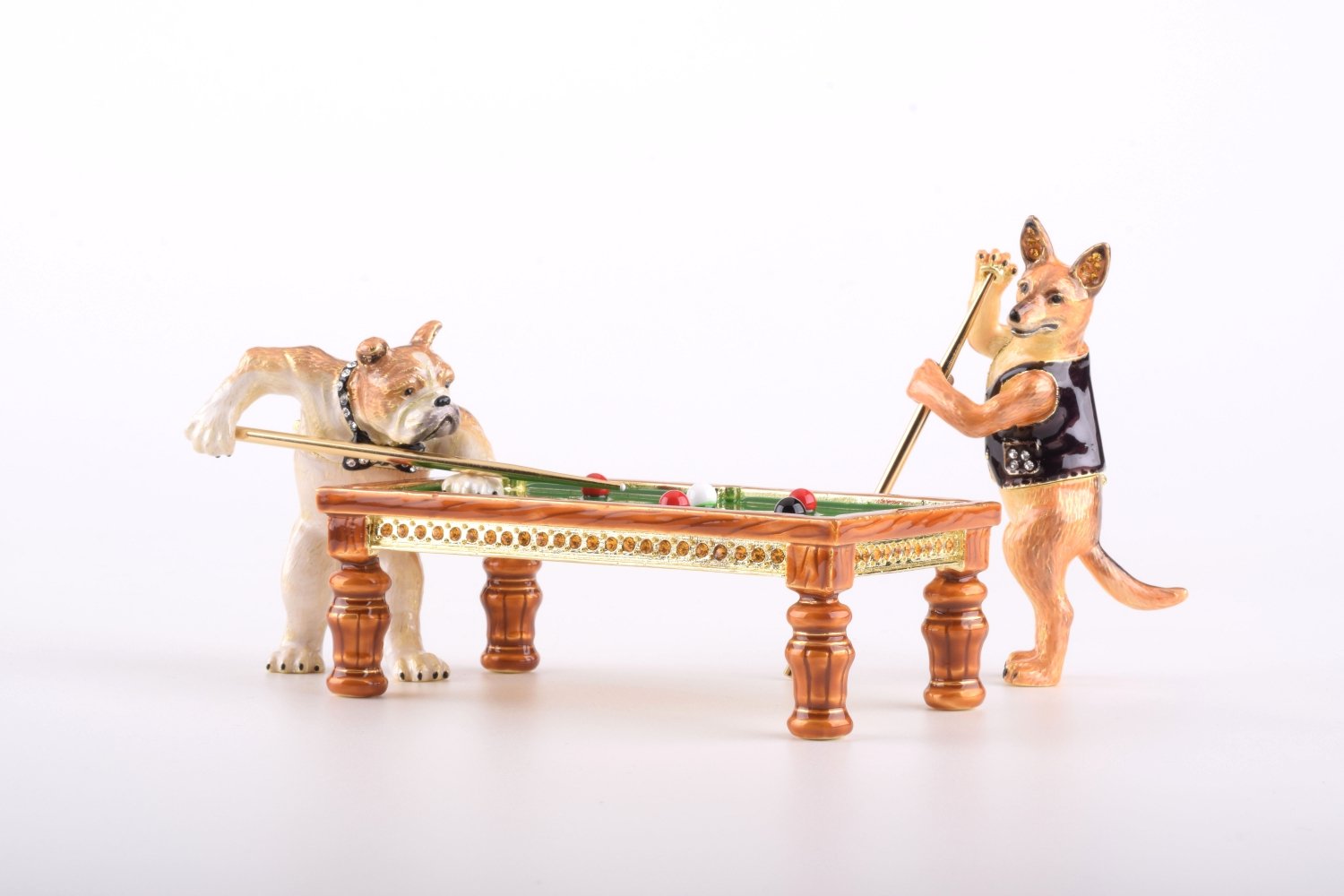 Handmade Dogs Playing Billiards trinket box featuring a Bulldog and Demiwolf on a pool table, adorned with Austrian crystals and gold plating.