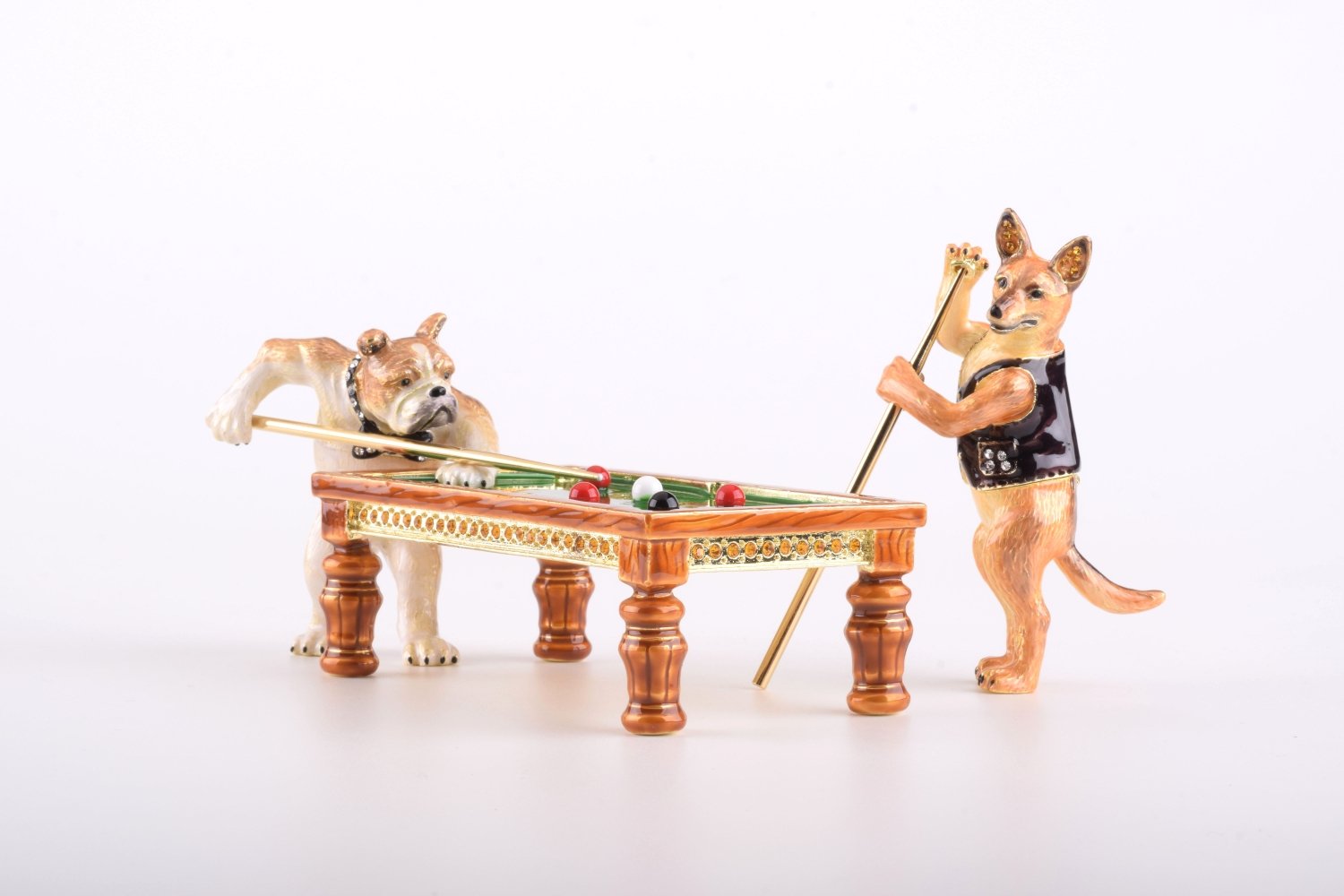 Handmade Dogs Playing Billiards trinket box featuring a Bulldog and Demiwolf on a pool table, adorned with Austrian crystals and gold plating.