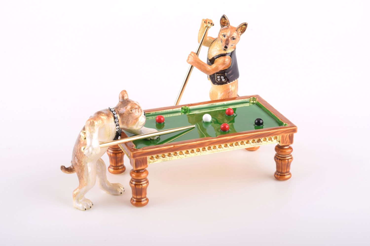 Handmade Dogs Playing Billiards trinket box featuring a Bulldog and Demiwolf on a pool table, adorned with Austrian crystals and gold plating.