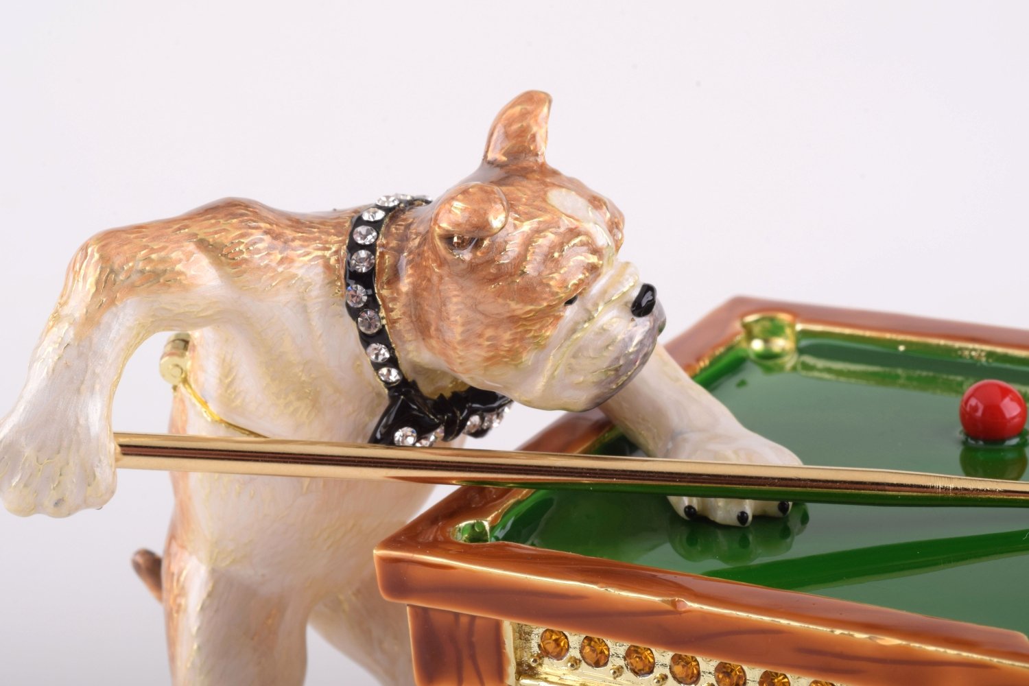 Handmade Dogs Playing Billiards trinket box featuring a Bulldog and Demiwolf on a pool table, adorned with Austrian crystals and gold plating.