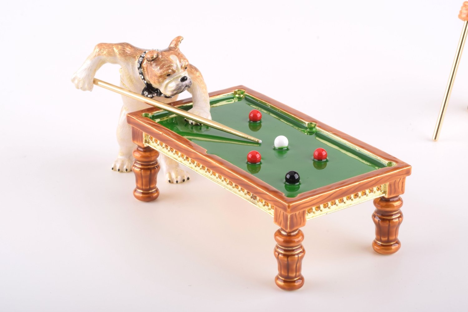 Handmade Dogs Playing Billiards trinket box featuring a Bulldog and Demiwolf on a pool table, adorned with Austrian crystals and gold plating.