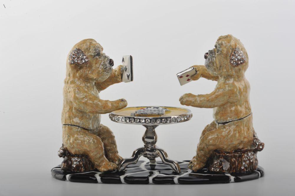 Handmade trinket box featuring dogs playing cards, adorned with Austrian crystals and 925 silver plating.