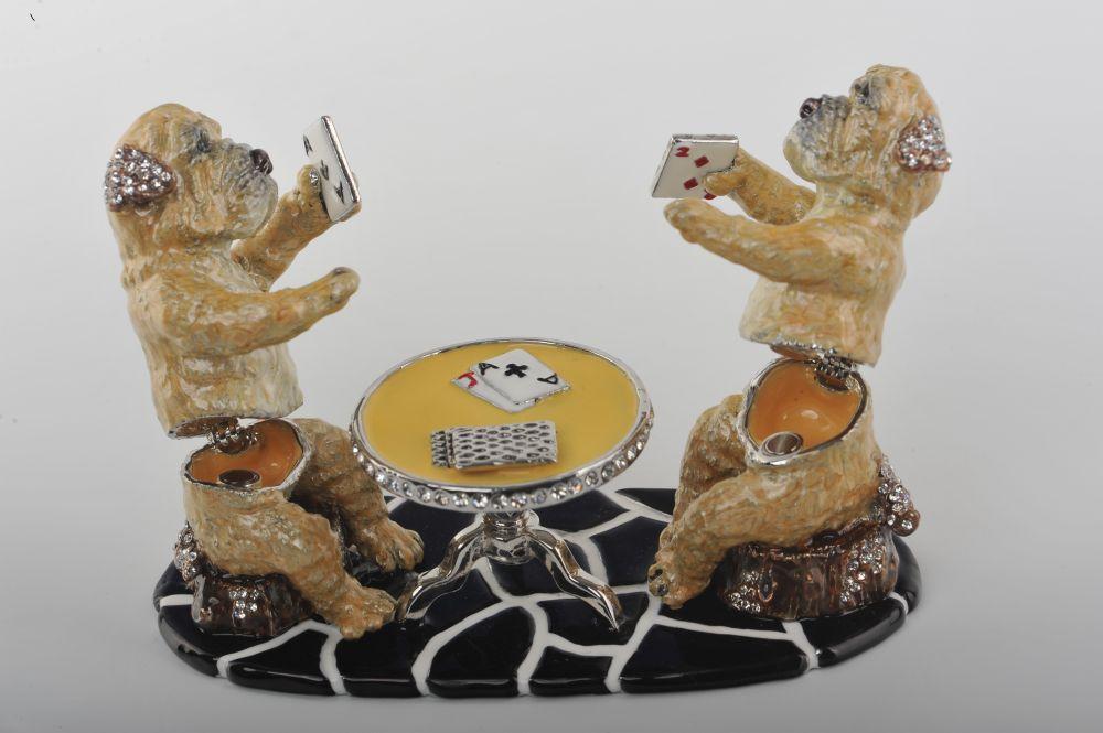 Handmade trinket box featuring dogs playing cards, adorned with Austrian crystals and 925 silver plating.