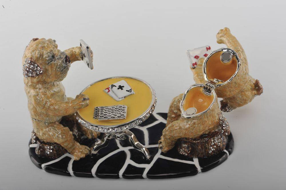 Handmade trinket box featuring dogs playing cards, adorned with Austrian crystals and 925 silver plating.