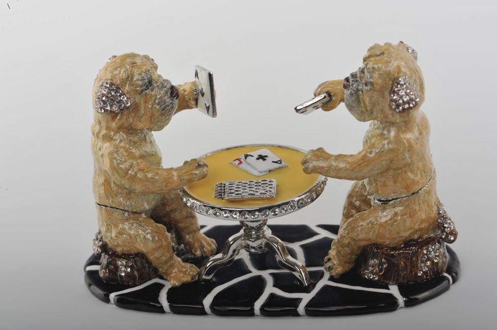 Handmade trinket box featuring dogs playing cards, adorned with Austrian crystals and 925 silver plating.