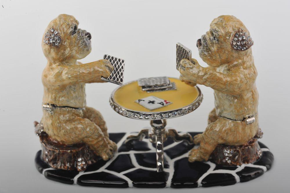 Handmade trinket box featuring dogs playing cards, adorned with Austrian crystals and 925 silver plating.