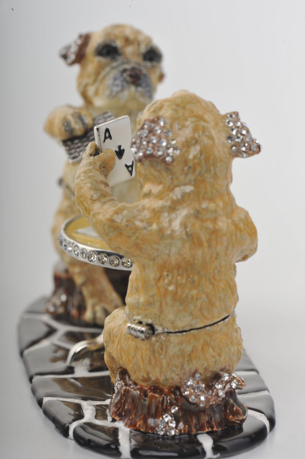 Handmade trinket box featuring dogs playing cards, adorned with Austrian crystals and 925 silver plating.