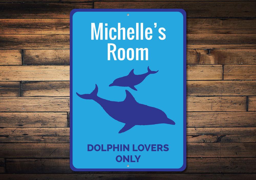 Dolphin Lovers Only Sign made of aluminum, featuring a vibrant dolphin design, perfect for home decor.