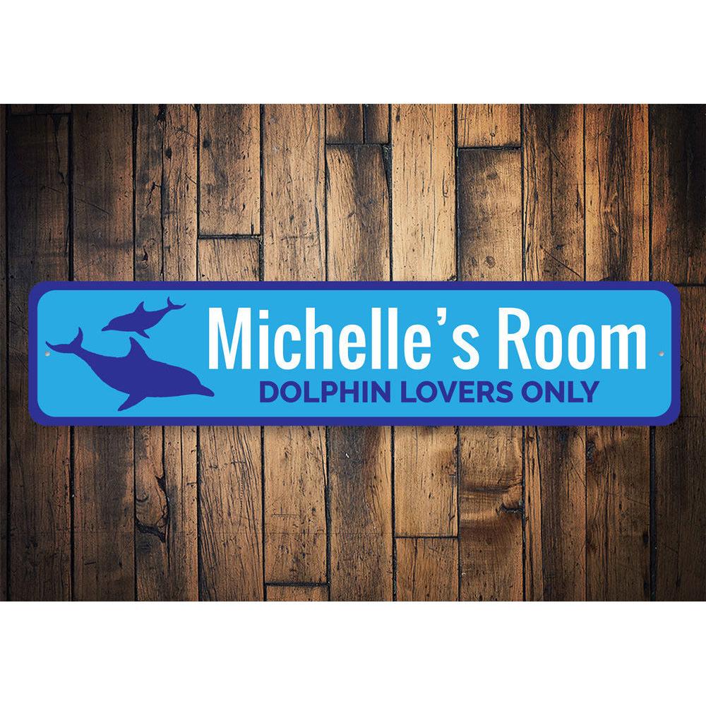 A vibrant Dolphin Sign made of high-quality aluminum, featuring customizable text, perfect for kids' rooms and home decor.