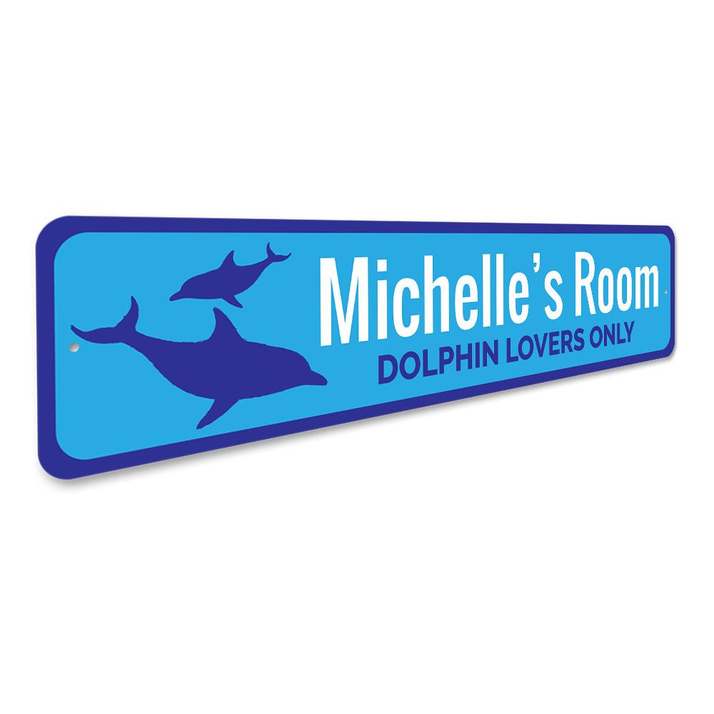 A vibrant Dolphin Sign made of high-quality aluminum, featuring customizable text, perfect for kids' rooms and home decor.