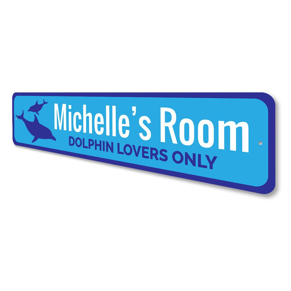 A vibrant Dolphin Sign made of high-quality aluminum, featuring customizable text, perfect for kids' rooms and home decor.