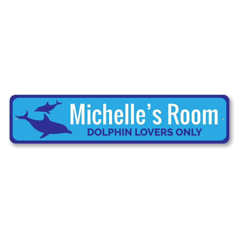 A vibrant Dolphin Sign made of high-quality aluminum, featuring customizable text, perfect for kids' rooms and home decor.