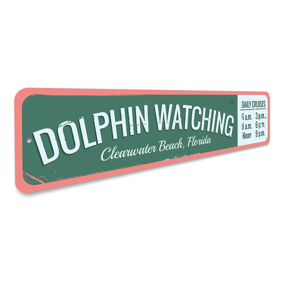 A vibrant Dolphin Watching Sign made of high-quality aluminum, featuring a beach-themed design perfect for coastal decor.