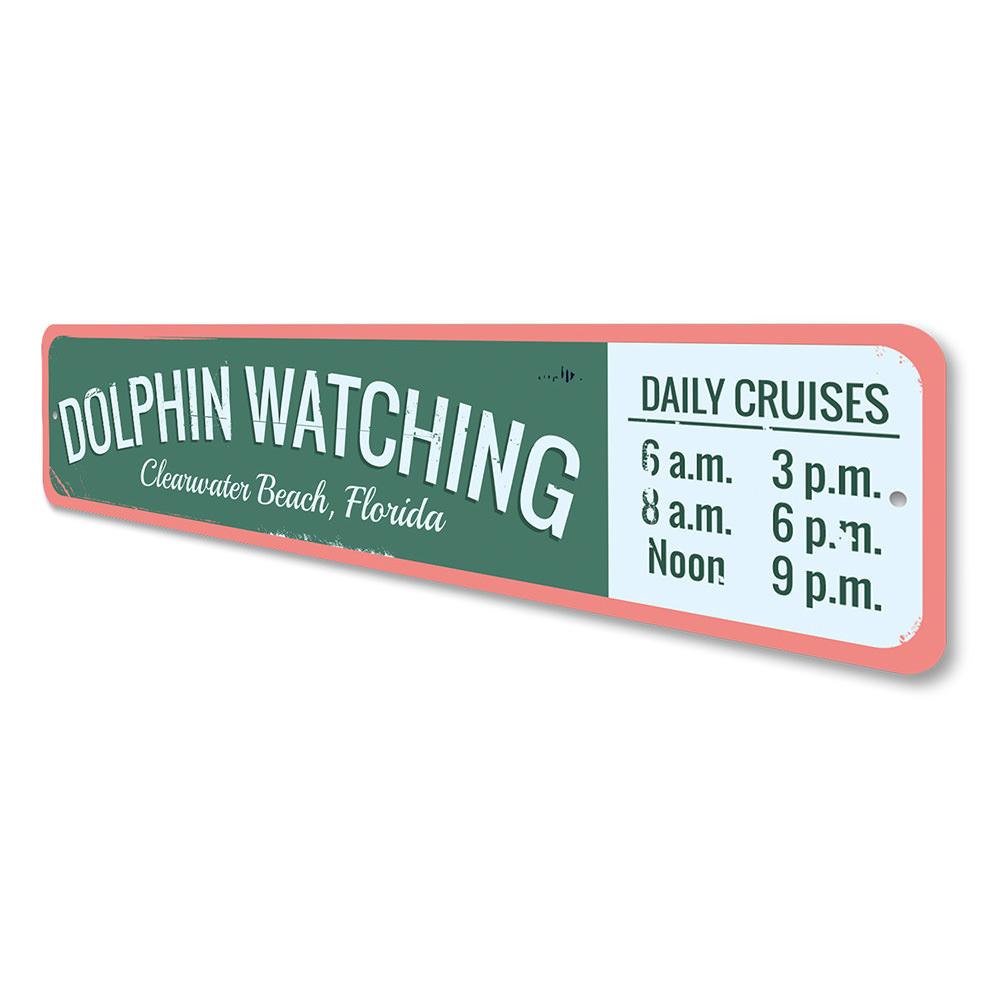 A vibrant Dolphin Watching Sign made of high-quality aluminum, featuring a beach-themed design perfect for coastal decor.