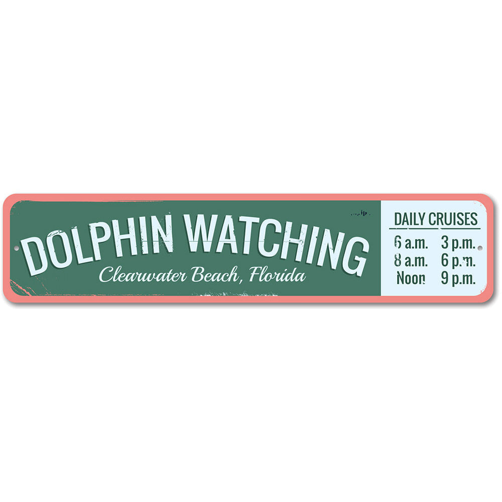 A vibrant Dolphin Watching Sign made of high-quality aluminum, featuring a beach-themed design perfect for coastal decor.