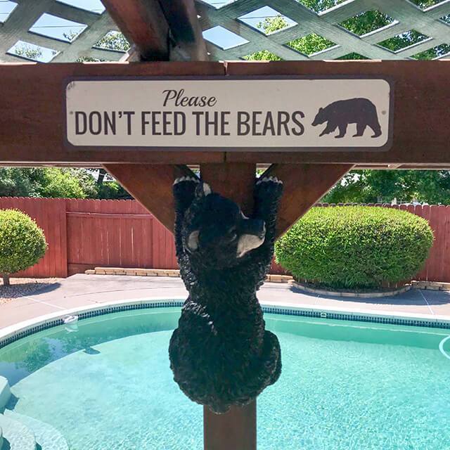 A decorative 'Don't Feed Bears' sign made of high-quality aluminum, featuring a rustic design suitable for lakehouse decor.