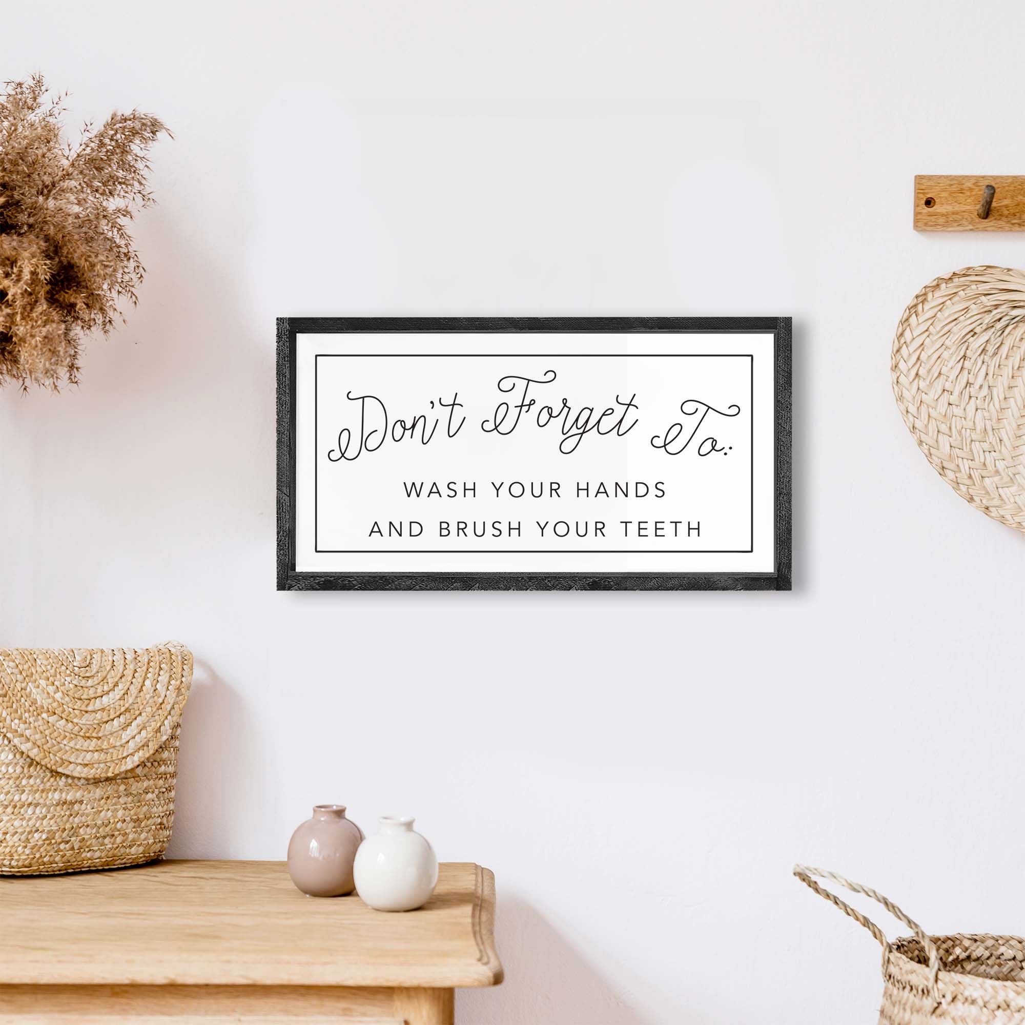 A rustic wood sign with the message 'Don't Forget To Wash Your Hands And Brush Your Teeth', featuring a stained pine frame and waterproof design.